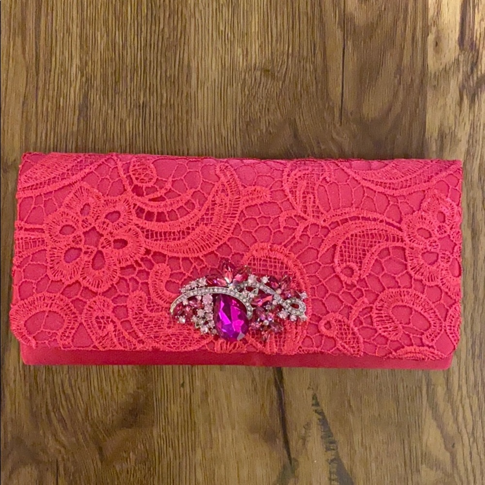 Hot pink evening clutch purse, Lace overlay